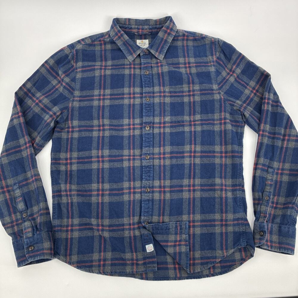 Marine Layer Flannel Shirt Men Marge Blue Plaid Soft Chest Pocket Soft Casual